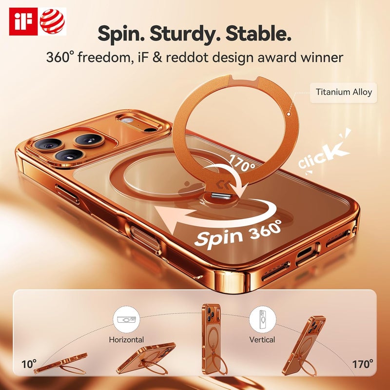 CASEKOO Cosmic Orange Glossy for iPhone 17 Pro Max Case [360 Spin Magnetic Stand][Fit for MagSafe][17FT Military Protection] Slim Polished Frame Titanium Alloy Sturdy Stand 6.9", Cosmic Orange - Image 3